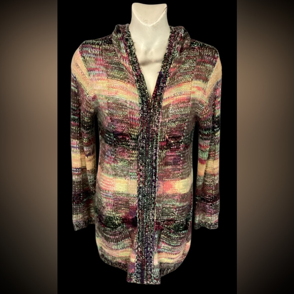 Hem & Thread BOHO Vibrant Multicolor Hooded Zippered Cardigan Sz Medium